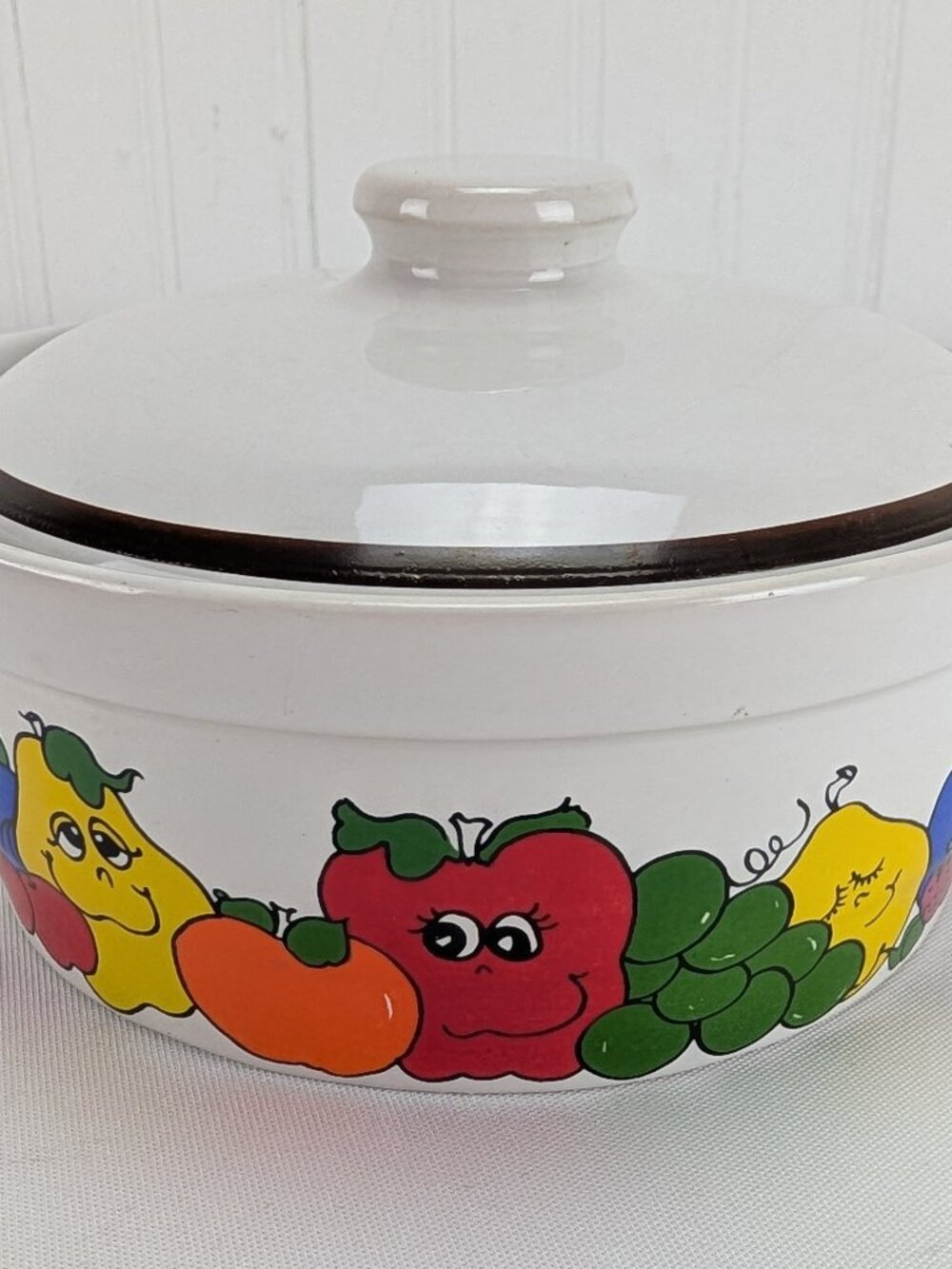 Vintage Nancy Lynn Small Round Casserole Dish & Lid Anthropomorphic Fruit Oven
